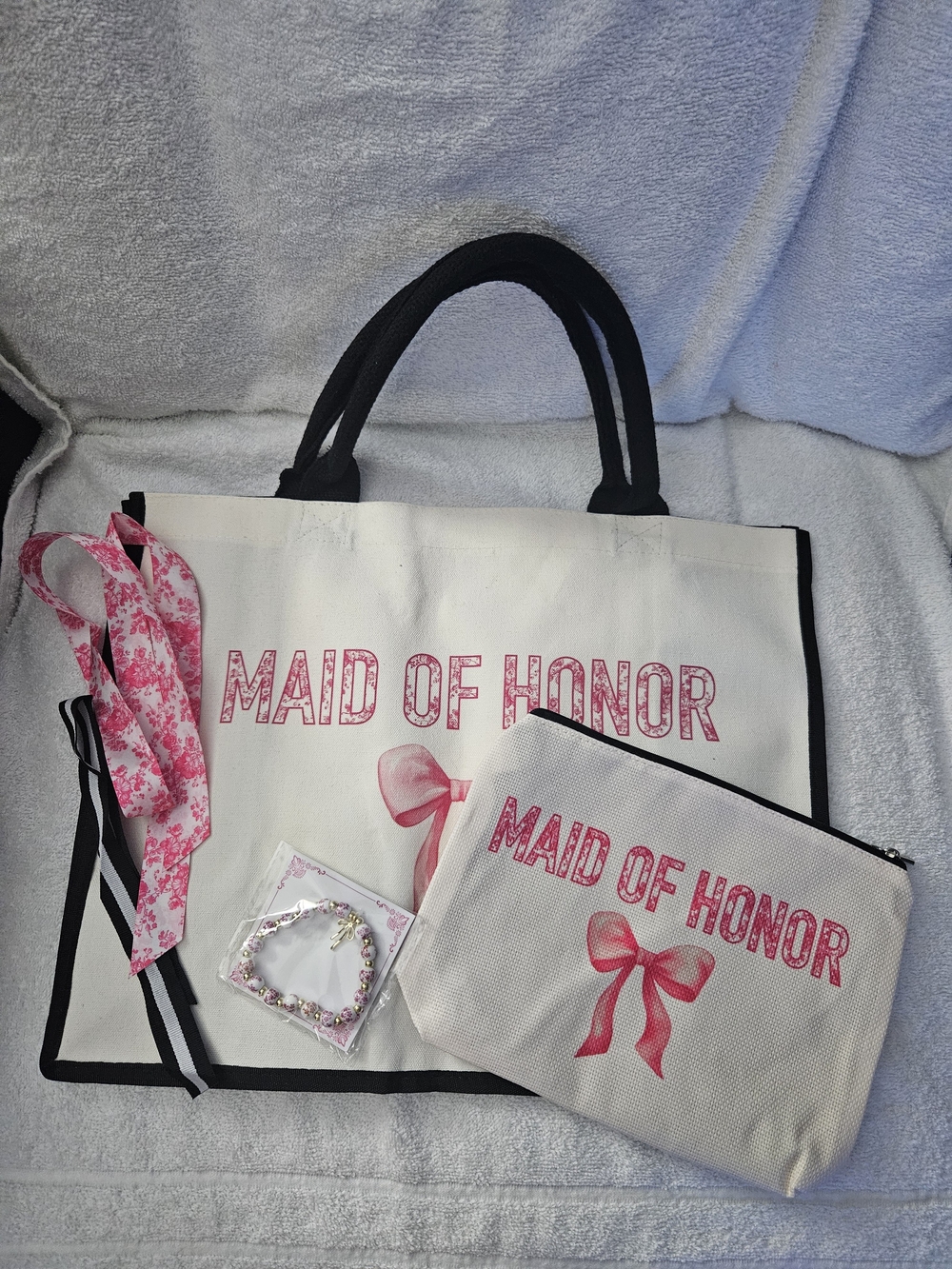 Maid of Honor Tote Bag Makeup Pouch Set Pink Bow Floral Bridal Gift Bachelorette